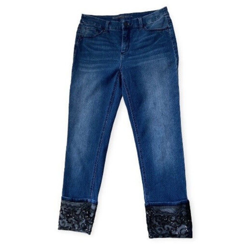Chico's So Slimming 00 Black Sequin Lace Cuff Ankle Denim Blue Jeans Mint!